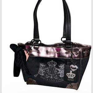JUICY COUTURE EXCLUSIVE CLASSIC SCOTTIE DOGS TOTE BLACK VELOUR METALLIC GUNMETAL